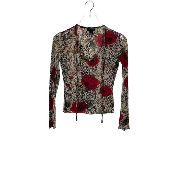 Express Sheer Top Red/Black/Ecru Rose Pattern Front Ties Size S - Picture 7 of 10